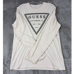 Guess Los Angeles Mens Graphic Long Sleeve T-Shirt Cream Slim Fit Size Large